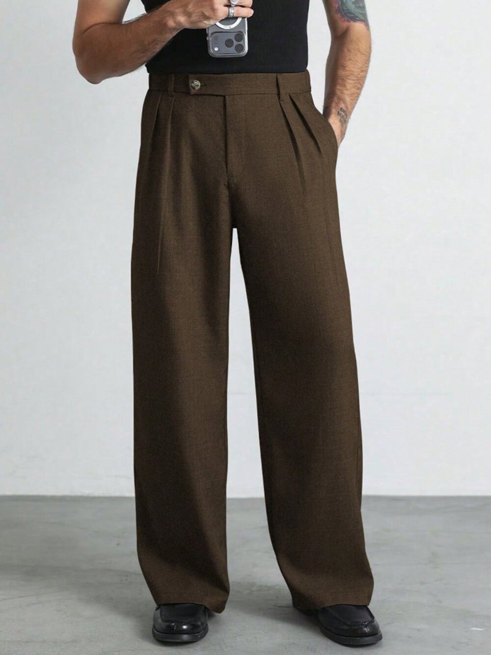 Coffee Brown Loose Fit Men's Plain Wide Leg Straight Long Pants